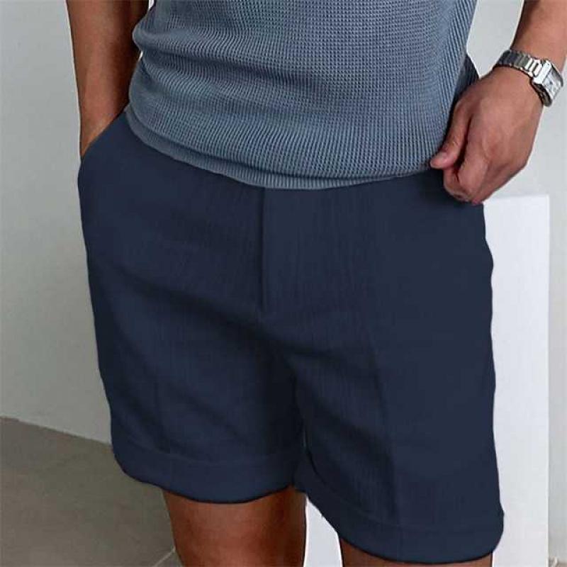 Men's vintage linen beach shorts, breathable and stylish in neutral tones, ideal for summer comfort and casual wear.