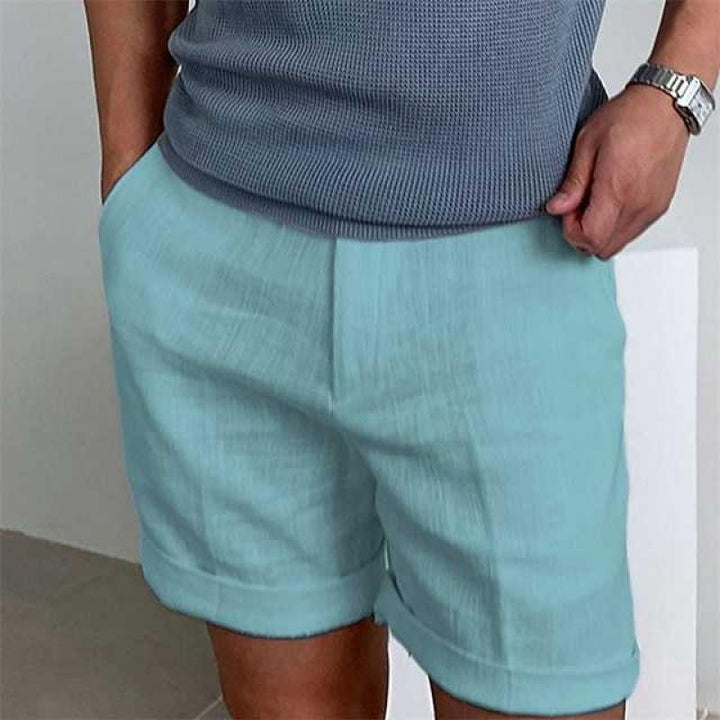 Men's vintage linen beach shorts, breathable and stylish in neutral tones, ideal for summer comfort and casual wear.