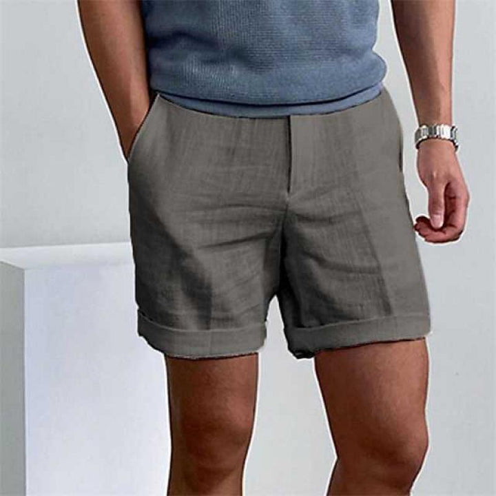 Men's vintage linen beach shorts, breathable and stylish in neutral tones, ideal for summer comfort and casual wear.