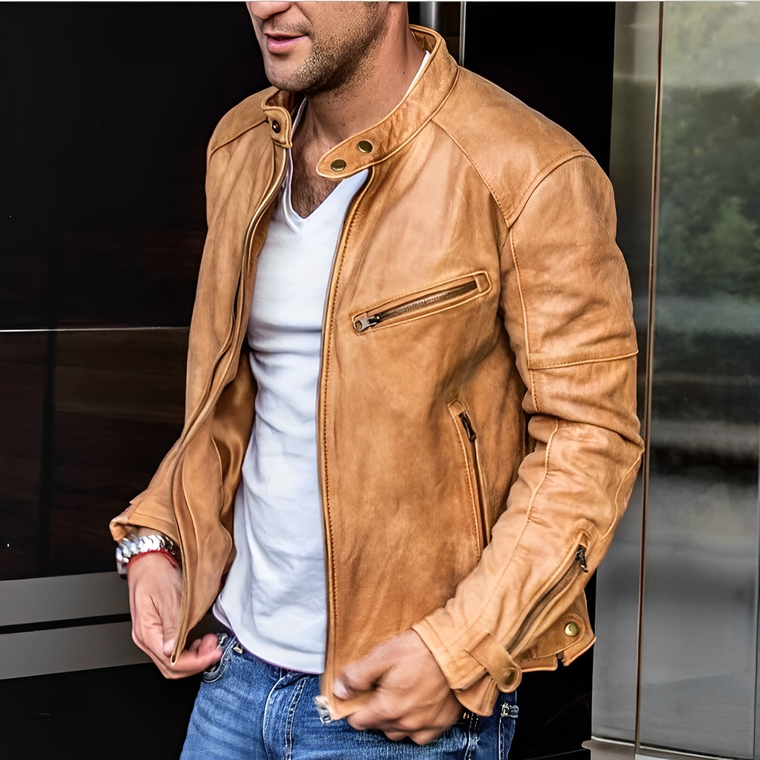 Men's vintage stand-up collar jacket, black PU leather, retro style, stylish for casual outings and outdoor adventures.
