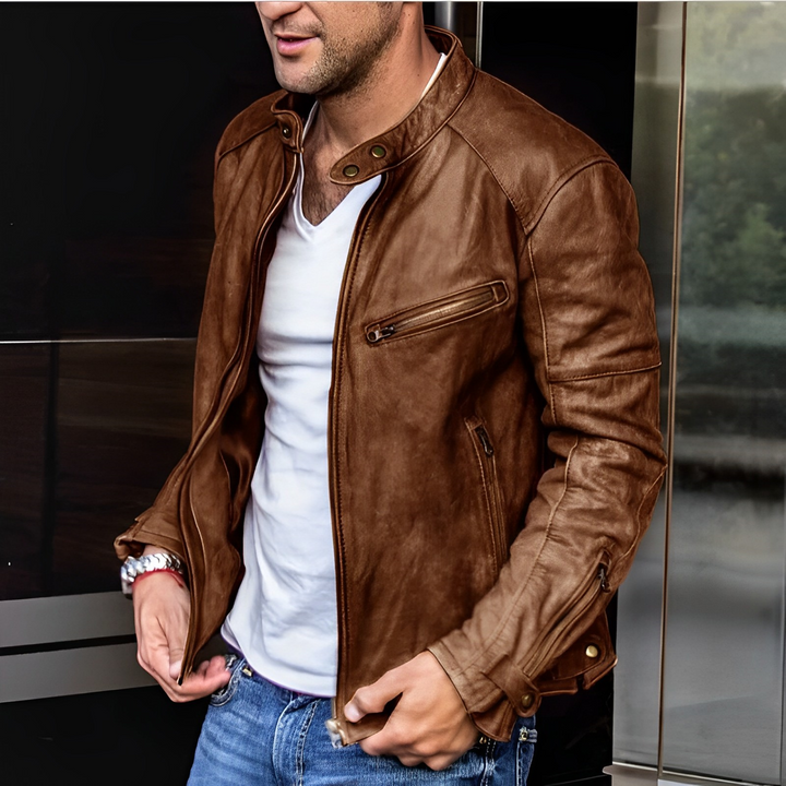 Men's vintage stand-up collar jacket, black PU leather, retro style, stylish for casual outings and outdoor adventures.