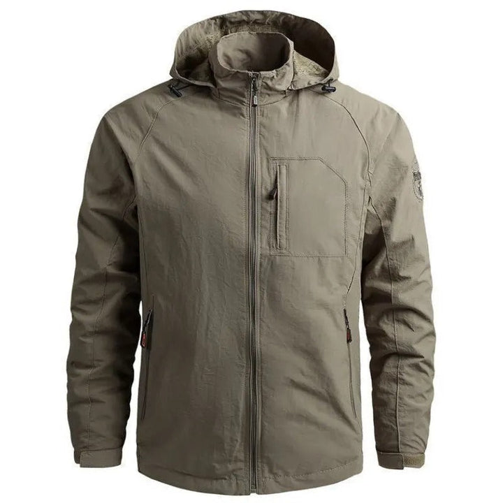 "Men's waterproof breathable cargo summer jacket with multiple pockets, perfect for outdoor adventures and summer showers."