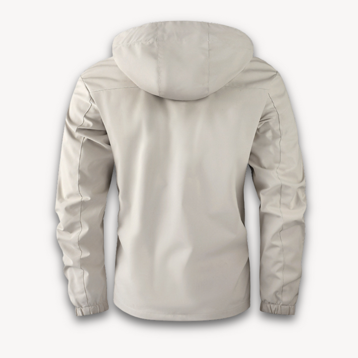 Men's waterproof hooded summer jacket in four colors, front view showing detachable hood and sleek design features.