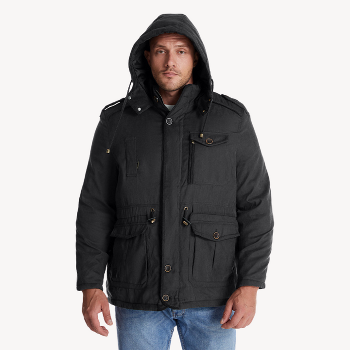 Men's waterproof winter parka with fur-lined hood; thick fleece lining, adjustable fit, multiple pockets; stylish and durable