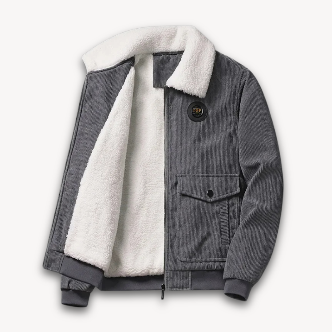"Men's winter corduroy jacket with sherpa lining, stylish corduroy exterior, and warm accents, front view."