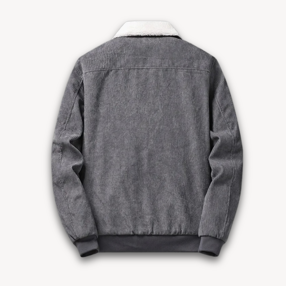 "Men's winter corduroy jacket with sherpa lining, stylish corduroy exterior, and warm accents, front view."