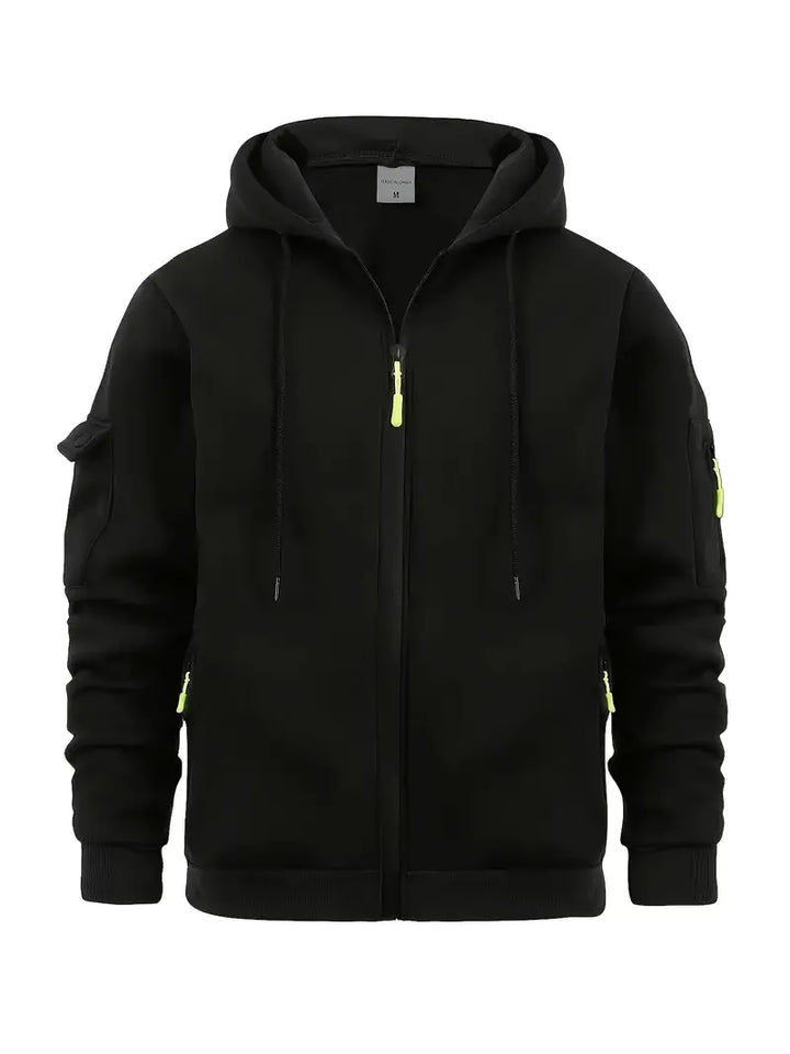 "Men's wool hooded sweatshirt in soft material, casual style. Available in various colors, shown with classic hood."