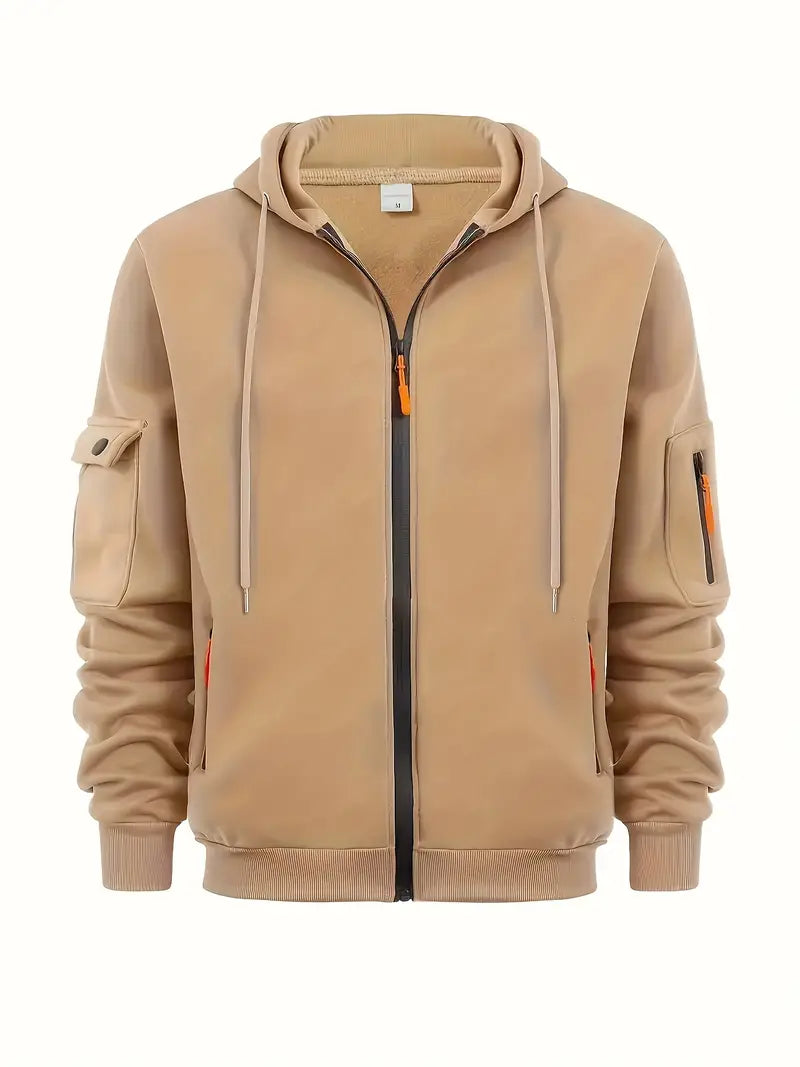 "Men's wool hooded sweatshirt in soft material, casual style. Available in various colors, shown with classic hood."
