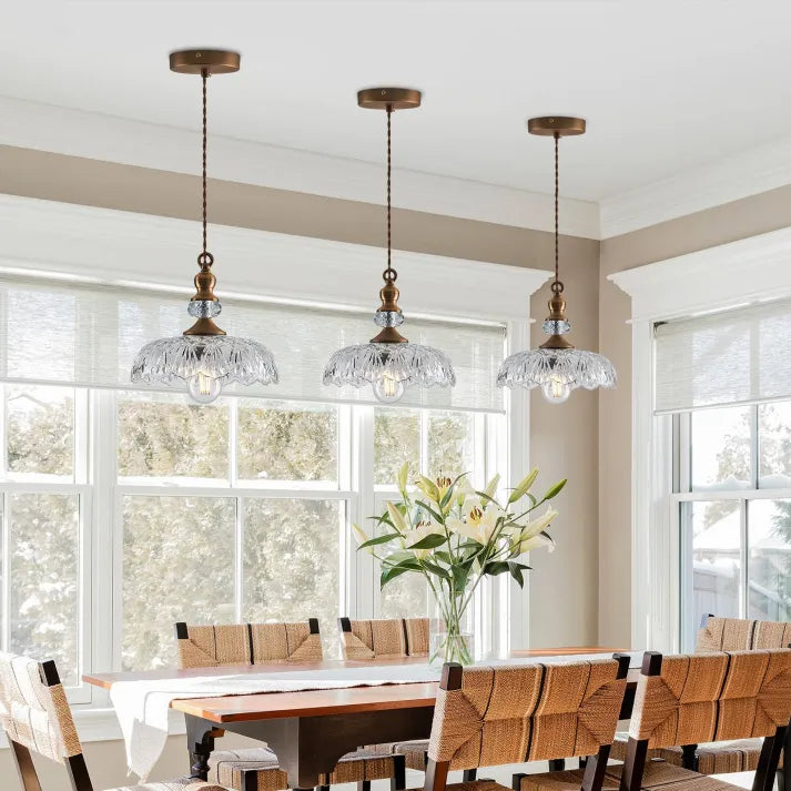 "Mid-century glass pendant light with sleek design, ideal for kitchen island, featuring iron and acrylic materials."