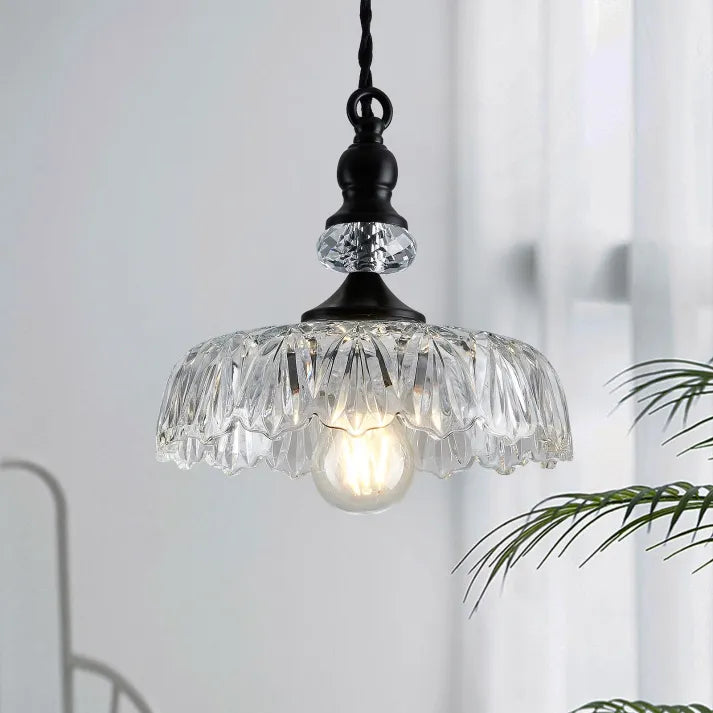 "Mid-century glass pendant light with sleek design, ideal for kitchen island, featuring iron and acrylic materials."