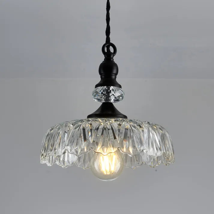 "Mid-century glass pendant light with sleek design, ideal for kitchen island, featuring iron and acrylic materials."