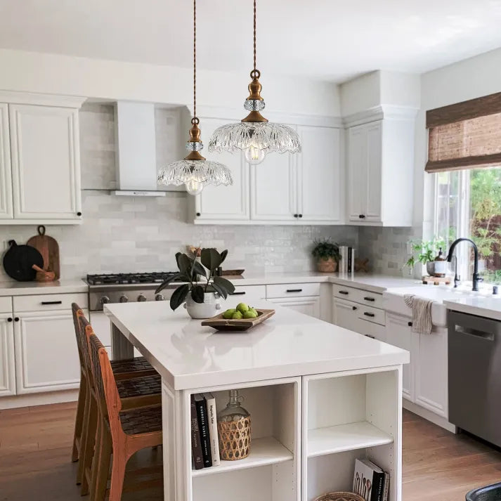 "Mid-century glass pendant light with sleek design, ideal for kitchen island, featuring iron and acrylic materials."