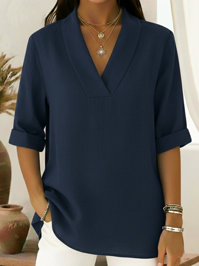 Women's V-neck roll sleeve tunic shirt. A versatile, relaxed fit blouse, great for everyday, office or summer style.