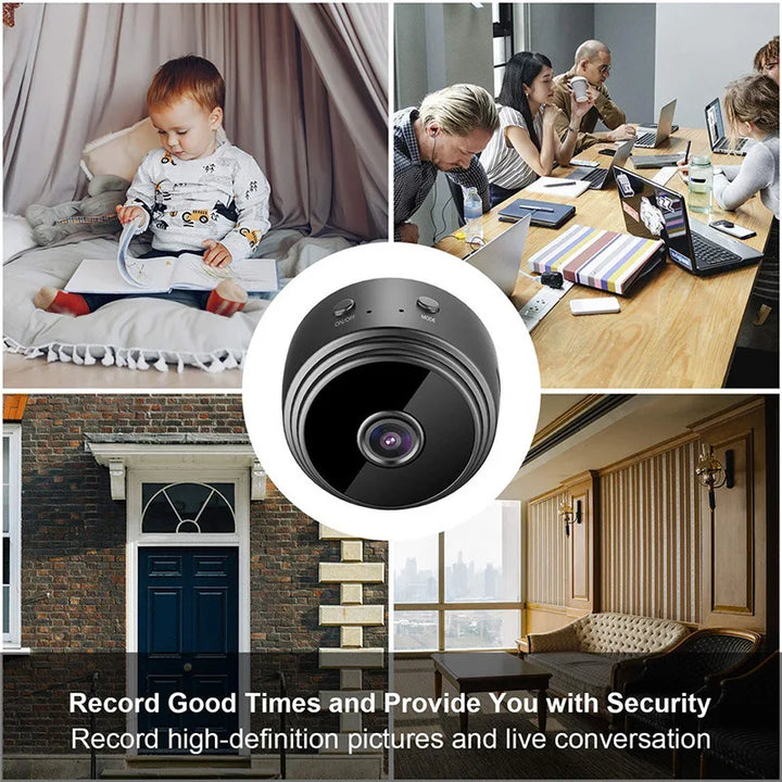 "Mini Camera 1080P HD Night Vision Wireless, compact black design, perfect for discreet home security with Wi-Fi connectivity