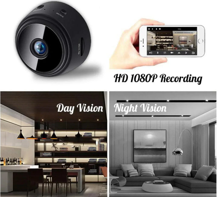 "Mini Camera 1080P HD Night Vision Wireless, compact black design, perfect for discreet home security with Wi-Fi connectivity