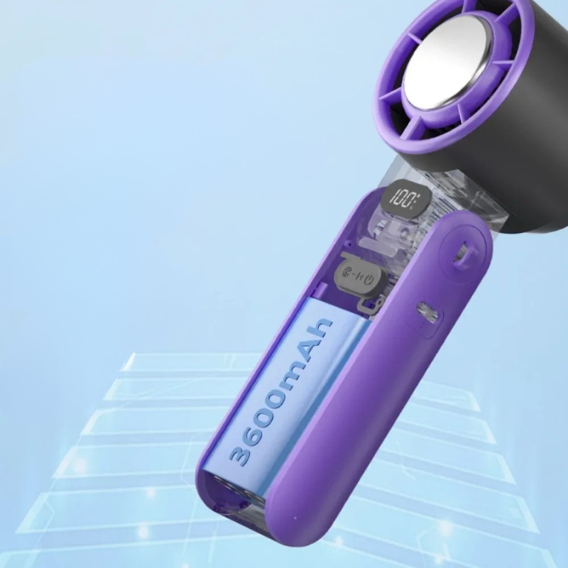 Mini handheld folding rechargeable fan, portable desk or neck use, compact and sleek design offers powerful, quiet cooling.