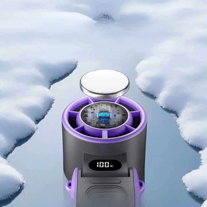 Mini handheld folding rechargeable fan, portable desk or neck use, compact and sleek design offers powerful, quiet cooling.