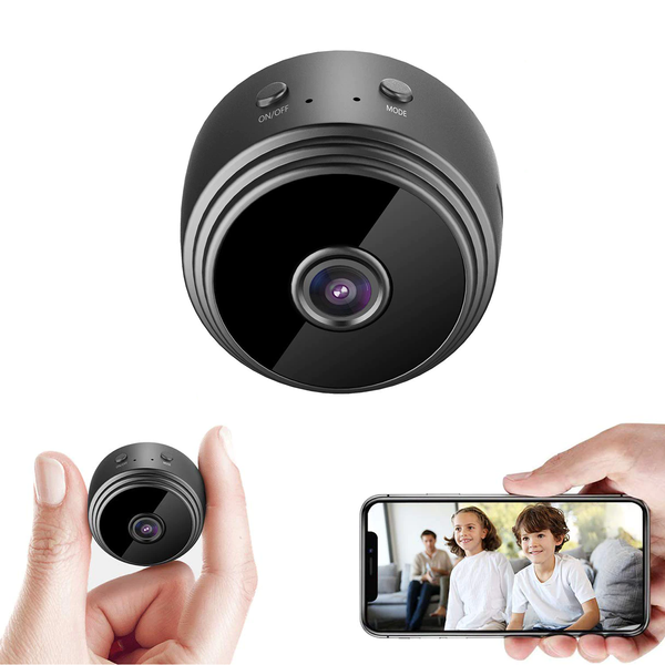 "Mini wireless IP camera in a sleek black aluminum body, offering HD quality, compact design, wide-angle view, and night visi