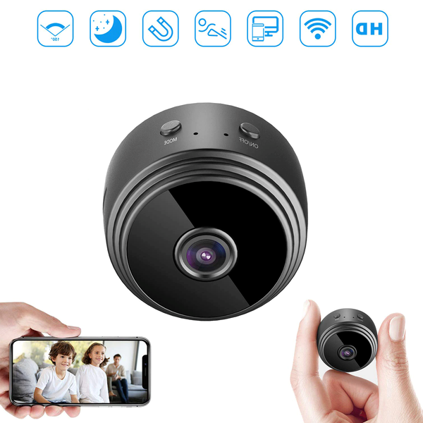 "Mini wireless IP camera in a sleek black aluminum body, offering HD quality, compact design, wide-angle view, and night visi