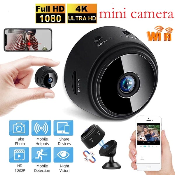 "Mini wireless IP camera in a sleek black aluminum body, offering HD quality, compact design, wide-angle view, and night visi