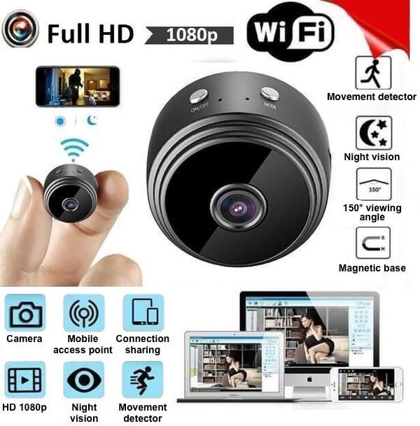 "Mini wireless IP camera in a sleek black aluminum body, offering HD quality, compact design, wide-angle view, and night visi