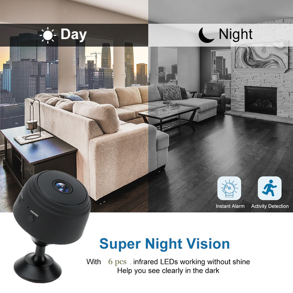 "Mini wireless IP camera in a sleek black aluminum body, offering HD quality, compact design, wide-angle view, and night visi
