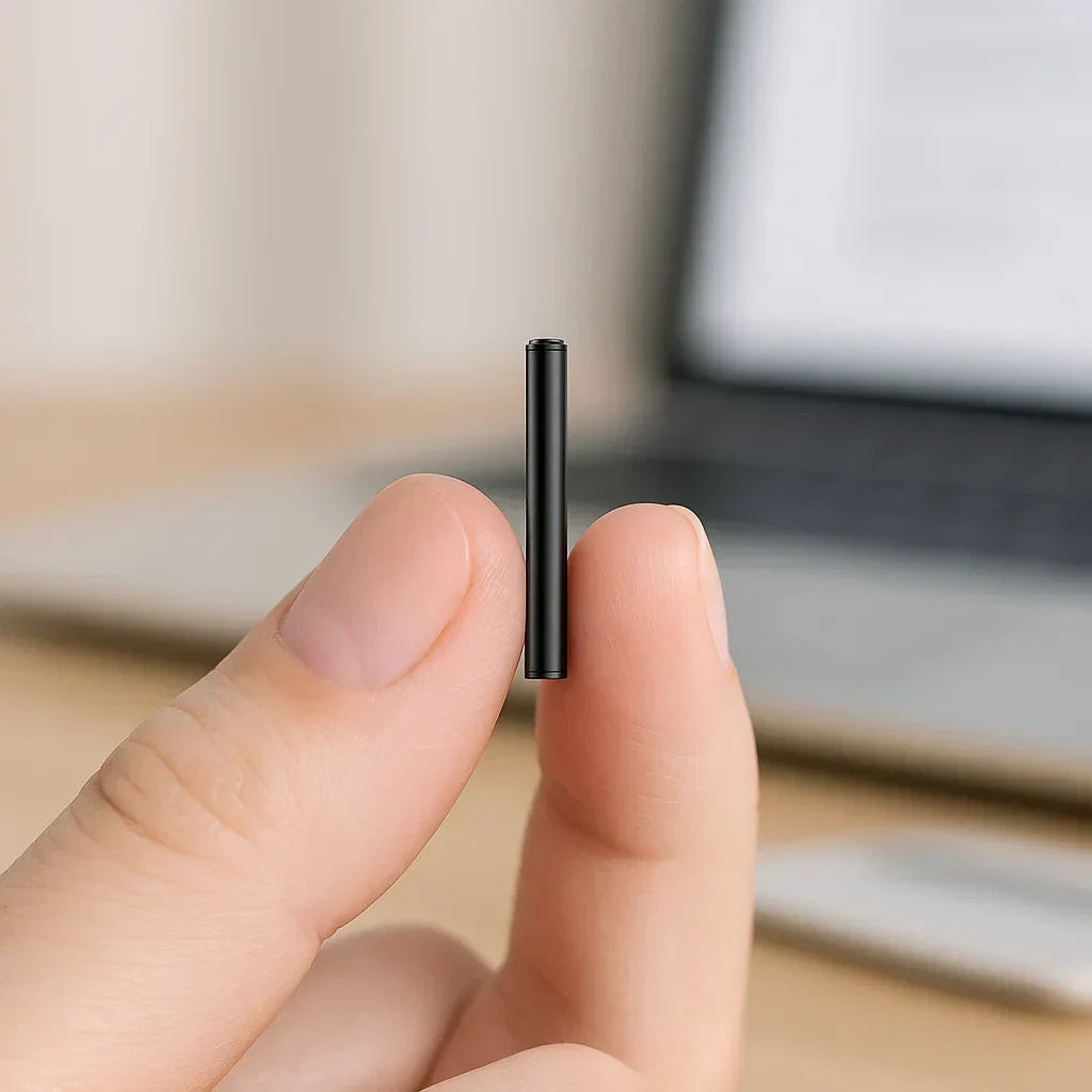 "Miniature voice recorder for stealth audio, compact design, high-fidelity recording, voice activation, pocket-sized."