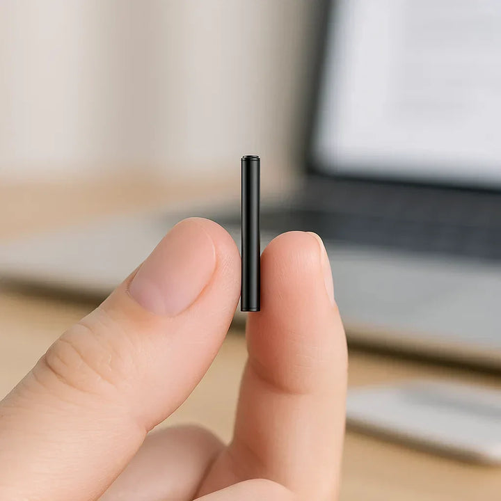 "Miniature voice recorder for stealth audio, compact design, high-fidelity recording, voice activation, pocket-sized."