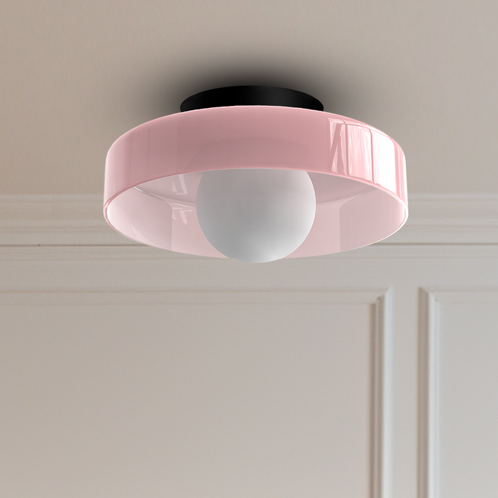 "Minimal flush mount ceiling light with frosted shade, sleek finish, offers soft illumination; ideal for modern and tradition
