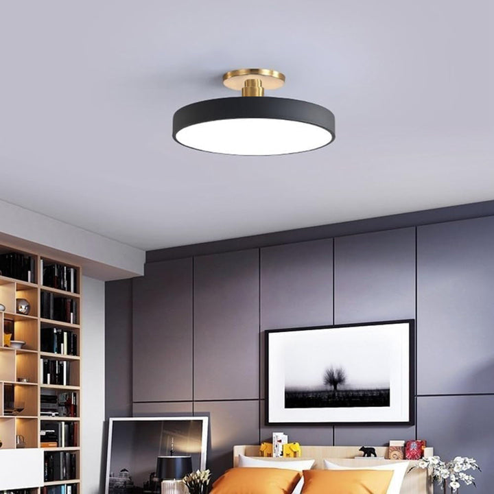 "Minimalist LED ceiling light, semi-flush design, brightens spaces with elegant style and energy-efficient glow."