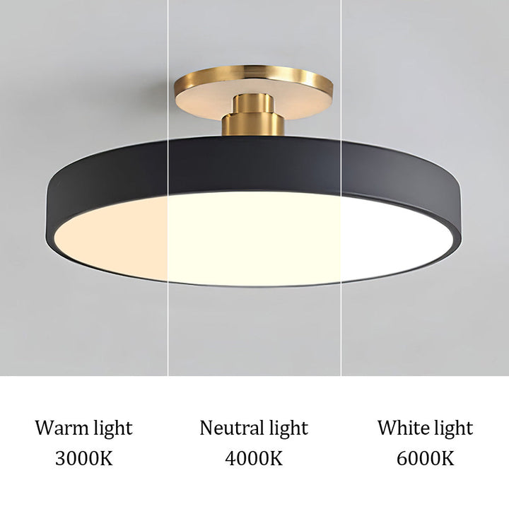 "Minimalist LED ceiling light, semi-flush design, brightens spaces with elegant style and energy-efficient glow."