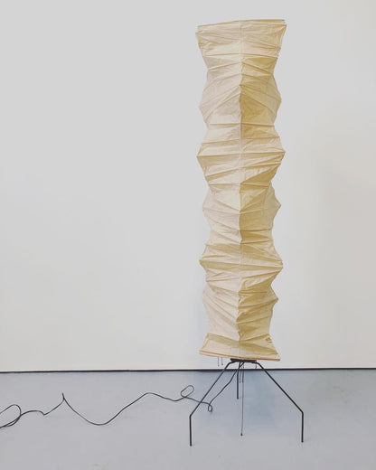 "Minimalist rice paper floor lamp with sleek metal frame and soft diffused light, perfect for creating a warm ambiance."