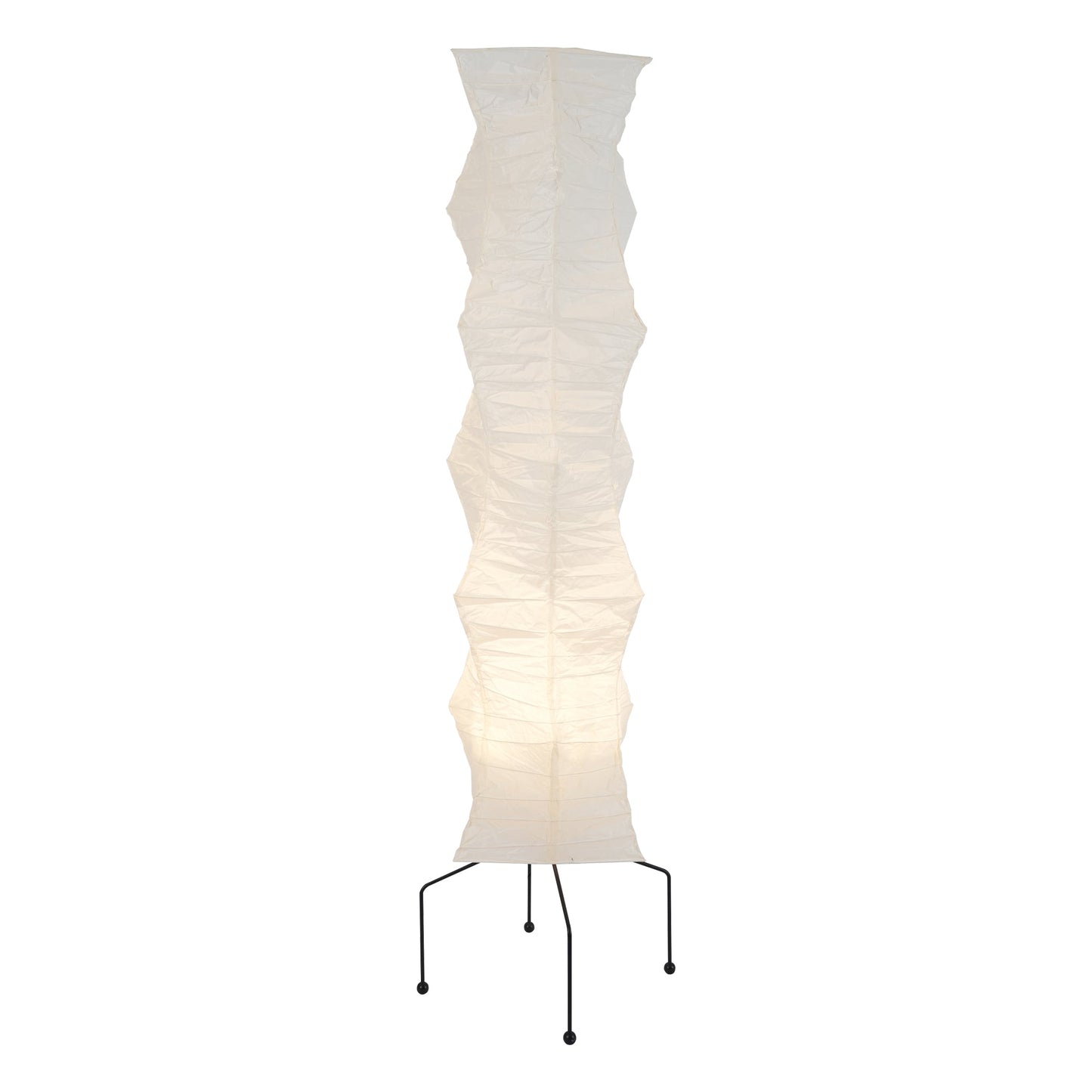 "Minimalist rice paper floor lamp with sleek metal frame and soft diffused light, perfect for creating a warm ambiance."