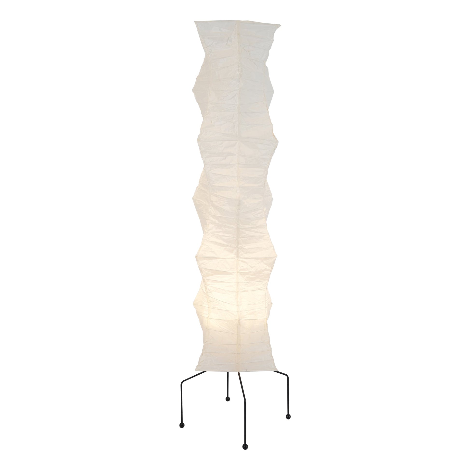 "Minimalist rice paper floor lamp with sleek metal frame and soft diffused light, perfect for creating a warm ambiance."