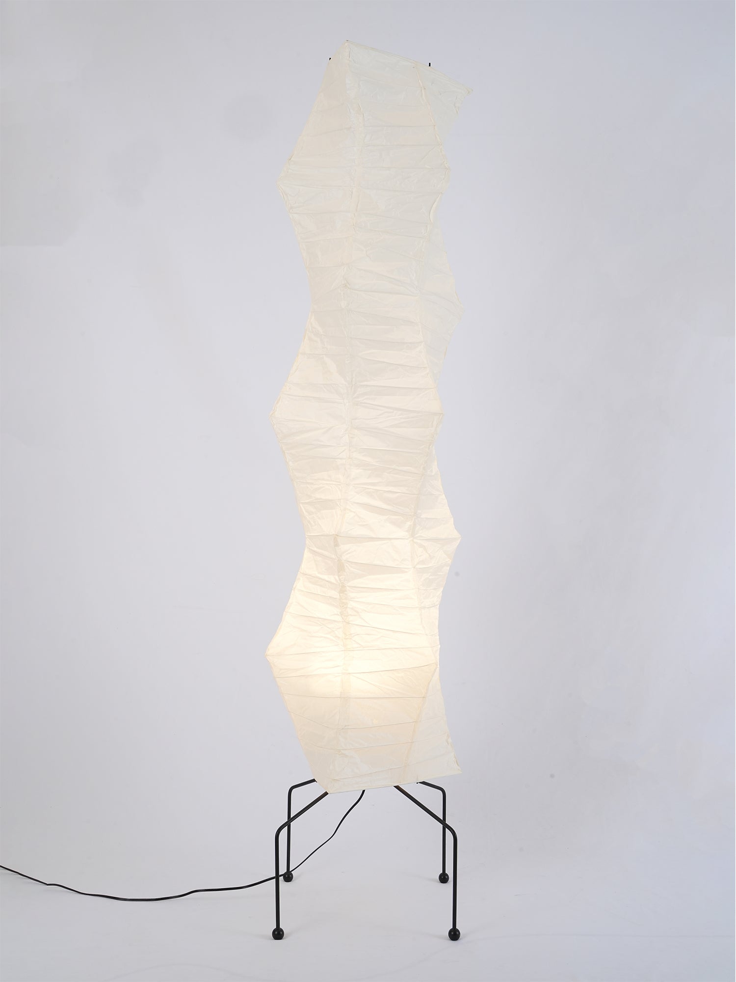 "Minimalist rice paper floor lamp with sleek metal frame and soft diffused light, perfect for creating a warm ambiance."