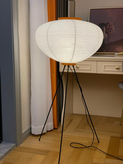 "Minimalist rice paper floor lamp with sleek metal frame and soft diffused light, perfect for creating a warm ambiance."