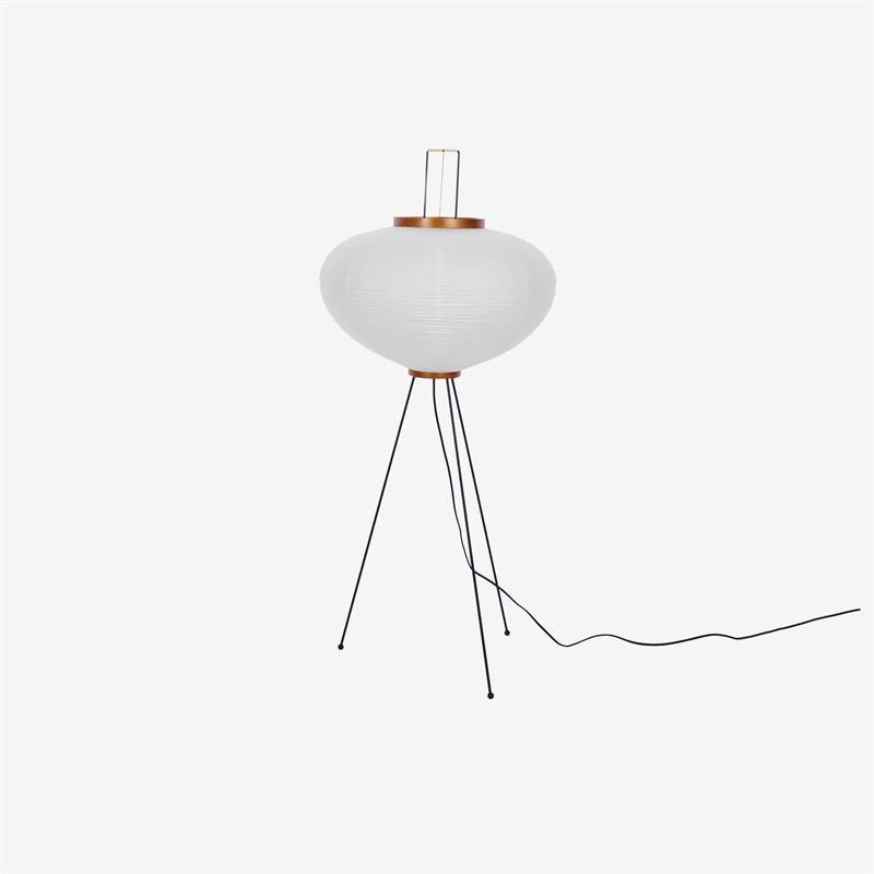 "Minimalist rice paper floor lamp with sleek metal frame and soft diffused light, perfect for creating a warm ambiance."