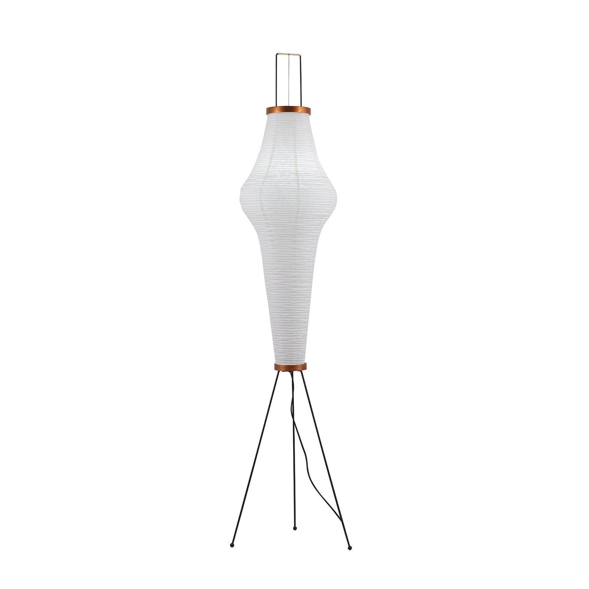 "Minimalist rice paper floor lamp with sleek metal frame and soft diffused light, perfect for creating a warm ambiance."