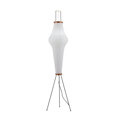 "Minimalist rice paper floor lamp with sleek metal frame and soft diffused light, perfect for creating a warm ambiance."
