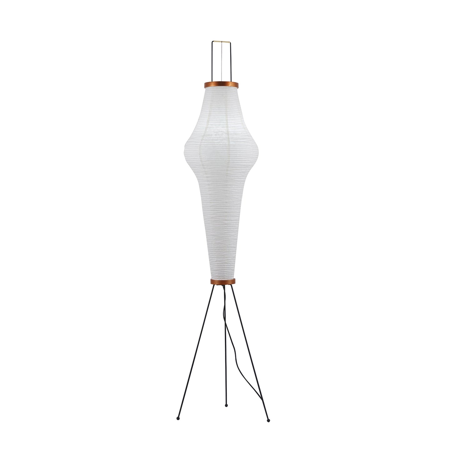 "Minimalist rice paper floor lamp with sleek metal frame and soft diffused light, perfect for creating a warm ambiance."