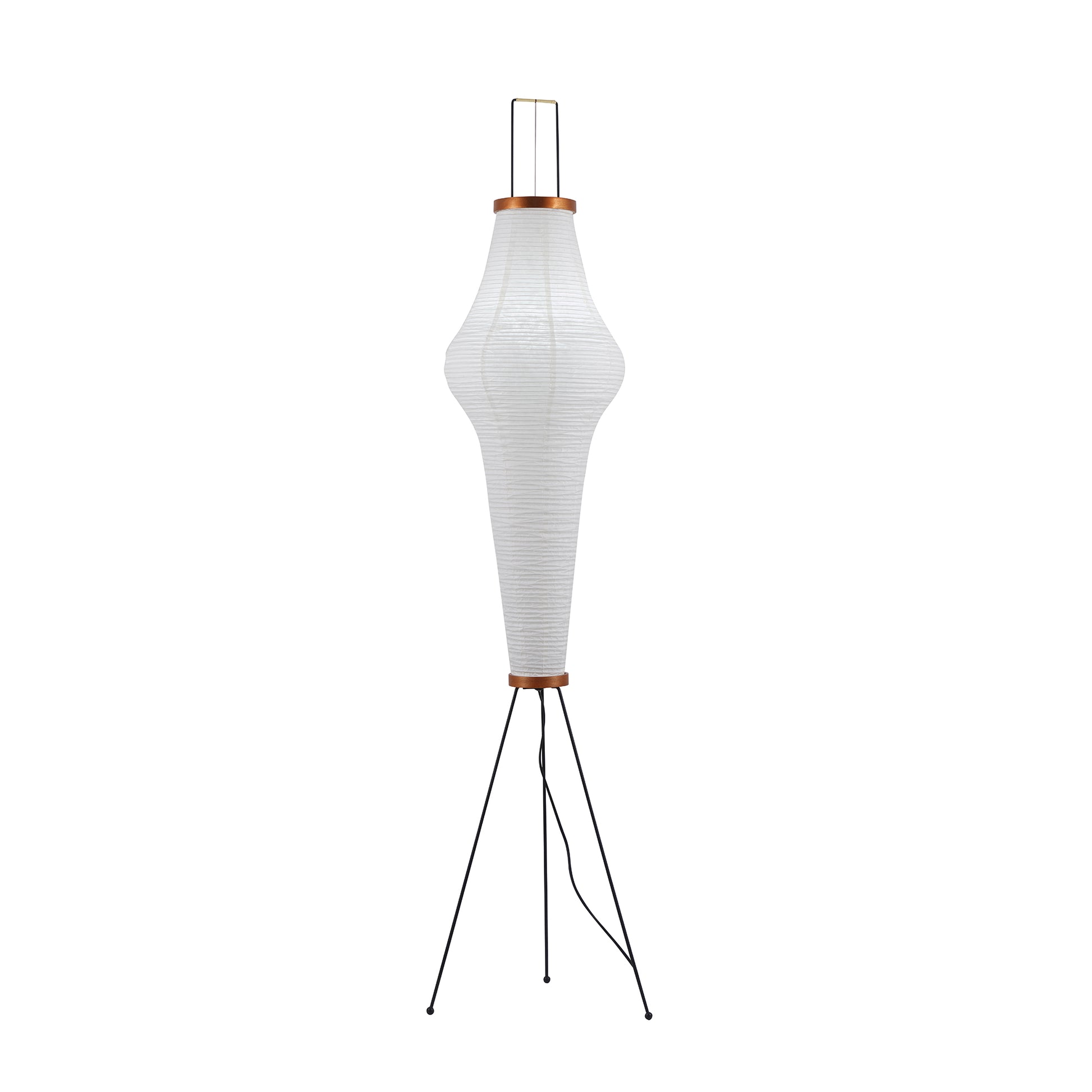 "Minimalist rice paper floor lamp with sleek metal frame and soft diffused light, perfect for creating a warm ambiance."
