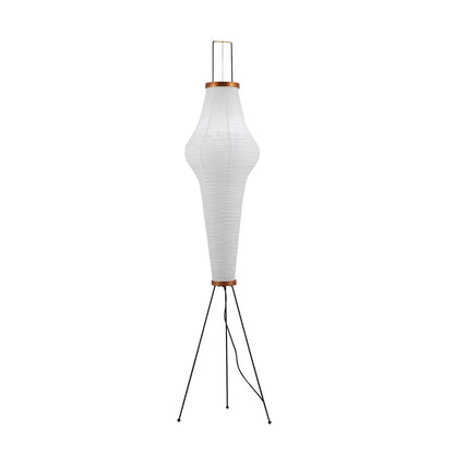 "Minimalist rice paper floor lamp with sleek metal frame and soft diffused light, perfect for creating a warm ambiance."