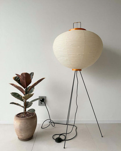 "Minimalist rice paper floor lamp with sleek metal frame and soft diffused light, perfect for creating a warm ambiance."
