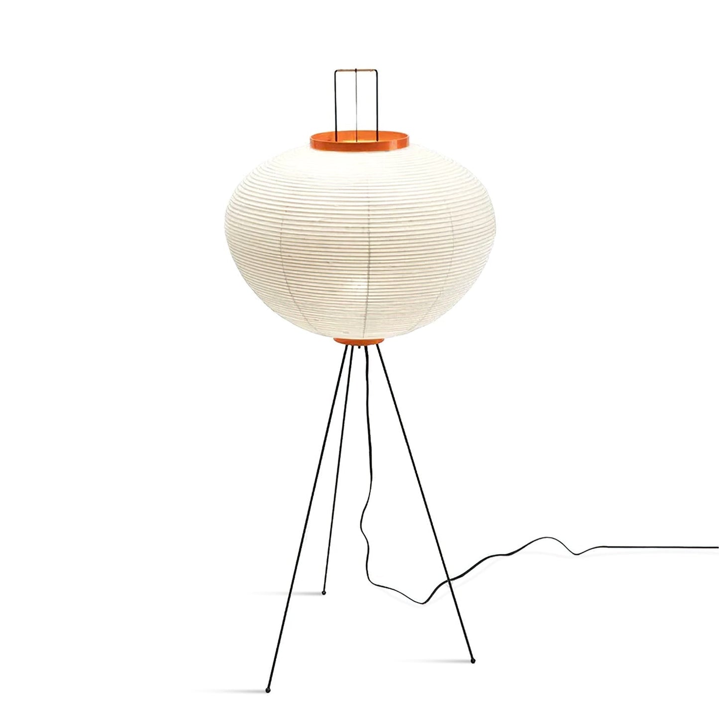 "Minimalist rice paper floor lamp with sleek metal frame and soft diffused light, perfect for creating a warm ambiance."