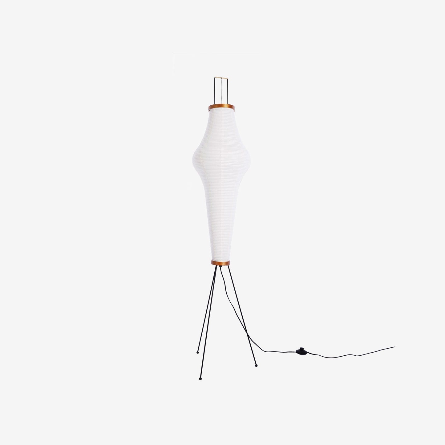 "Minimalist rice paper floor lamp with sleek metal frame and soft diffused light, perfect for creating a warm ambiance."