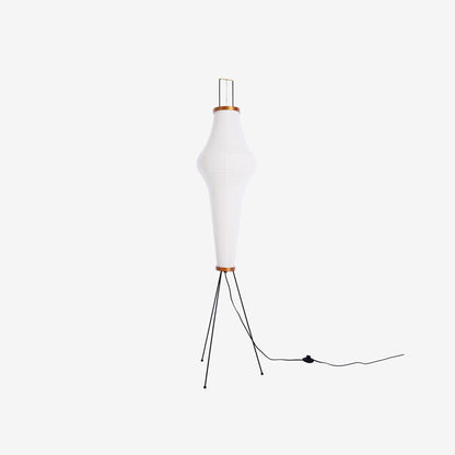 "Minimalist rice paper floor lamp with sleek metal frame and soft diffused light, perfect for creating a warm ambiance."