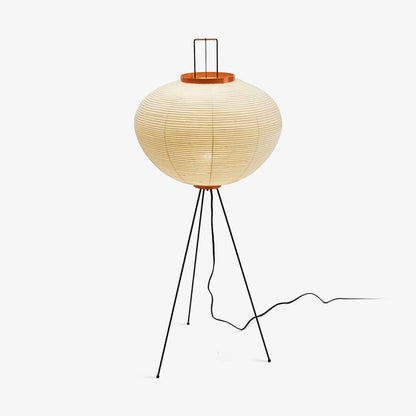 "Minimalist rice paper floor lamp with sleek metal frame and soft diffused light, perfect for creating a warm ambiance."