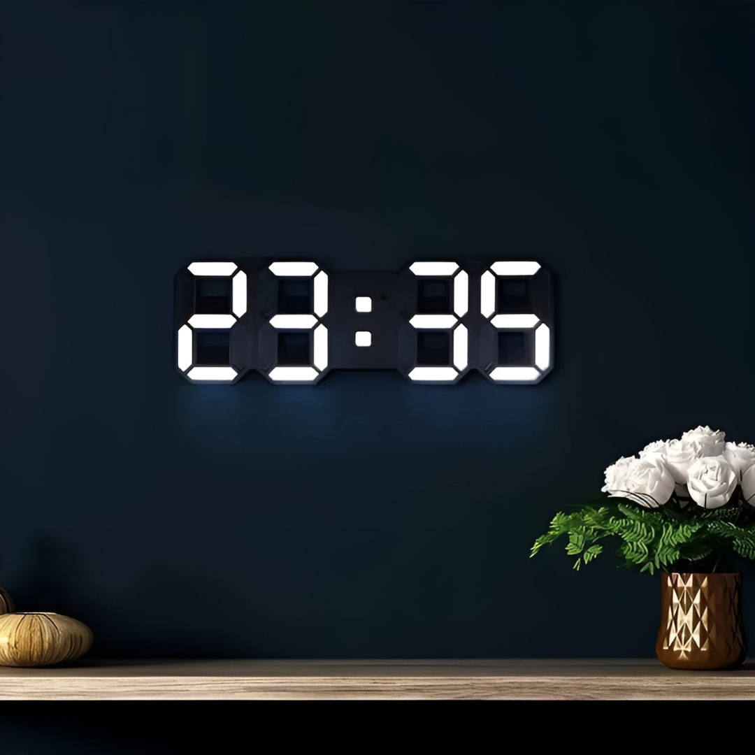 Modern 3D LED digital wall clock with sleek, minimalist design. Perfect contemporary timepiece for home or office decor.