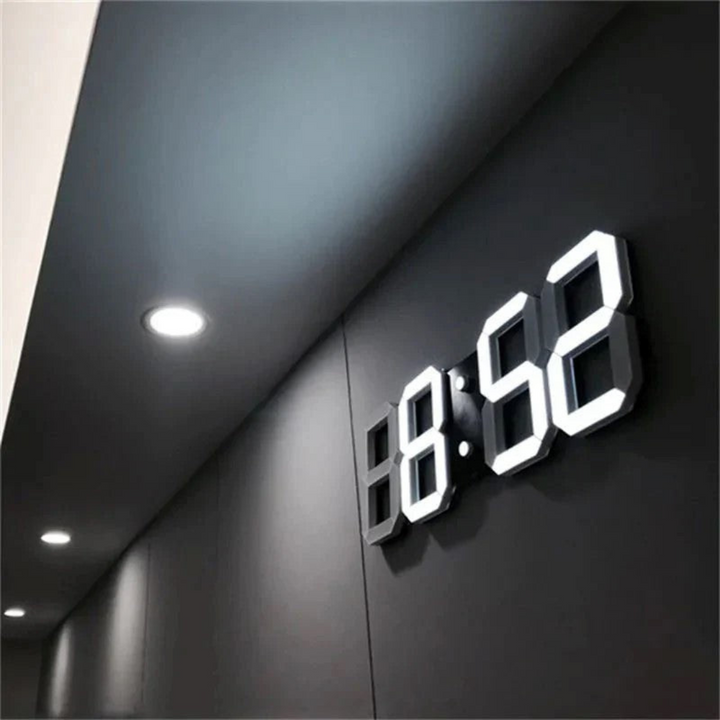 Contemporary 3D LED digital wall clock with bright, clear display. USB-powered electronic timepiece for modern spaces.
