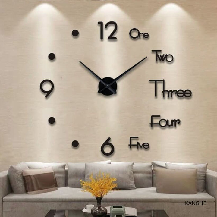 Modern 3D Wall Clock, large black numbers on a white wall. Ideal for contemporary home & office decor.